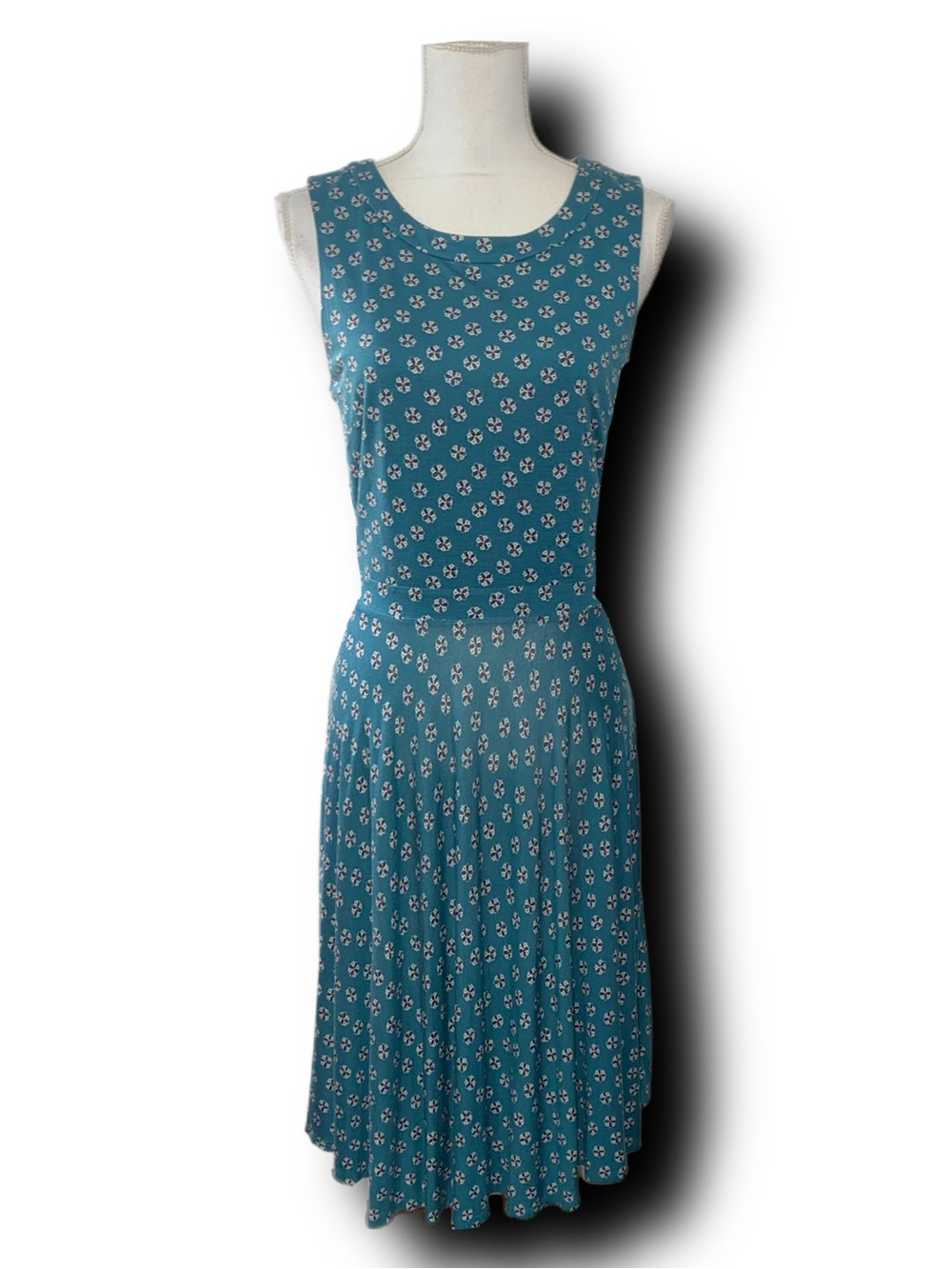 LOFT Fit & Flare Teal Blue Tank Dress with Vintage-Inspired Abstract Print